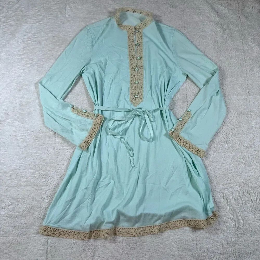 Vintage 70s Turquoise Lace High Neck Women’s Button Up Mini Dress